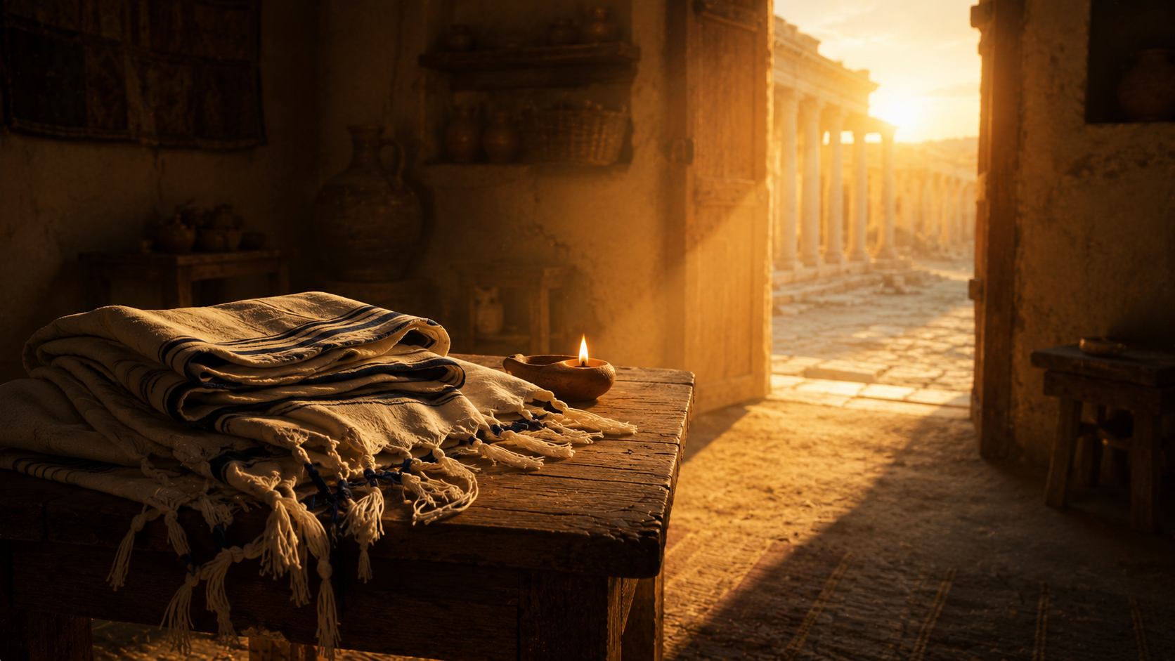 A sky breaking into dawn over a wide horizon, a single shaft of golden light spilling down across the whole landscape, evoking every spiritual blessing in him being made known