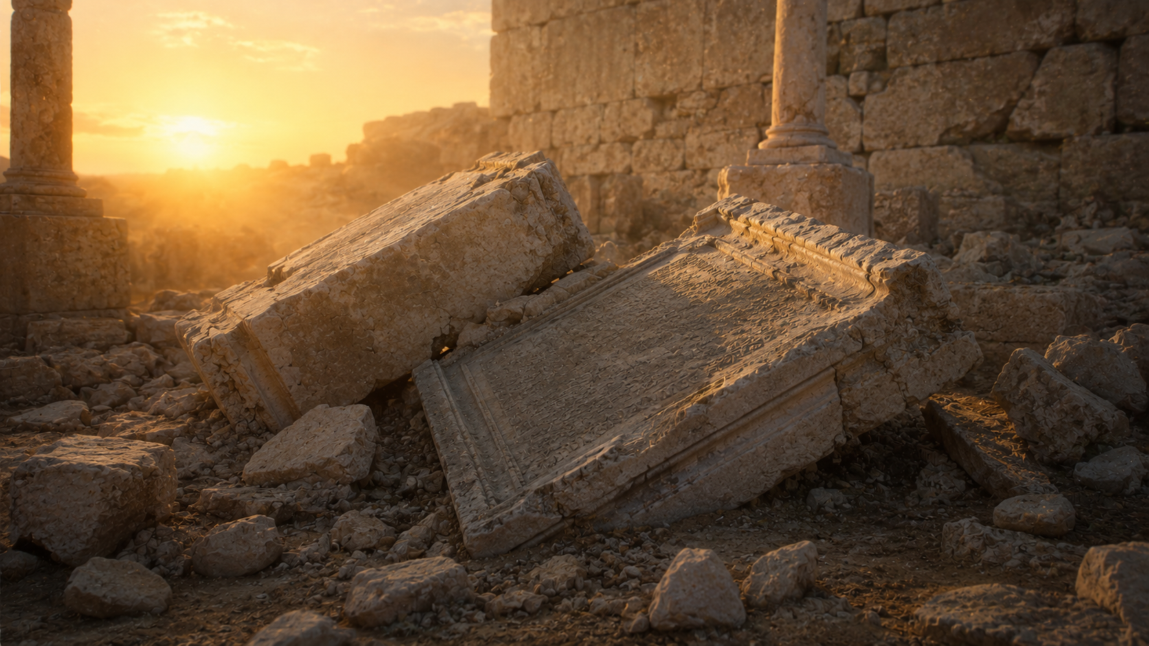 Two great walls of dressed stone meeting at a courtyard threshold, the gate stones visibly broken open at dawn, a single shaft of light spilling across the threshold from one side to the other, evoking the dividing wall of hostility demolished in his flesh