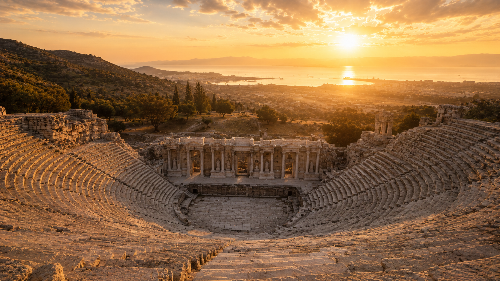 A single shaft of dawn light falling across an open courtyard floor where many distant figures are gathered, the courtyard itself a kind of stage seen from a great height, evoking the church as the visible theater where God's manifold wisdom is made known to the unseen powers