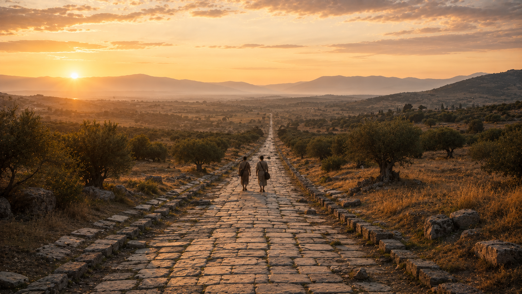 A wide field of dawn light spilling over a horizon with two distant figures walking the same path together at golden hour, evoking children of light walking in love together as Christ loved