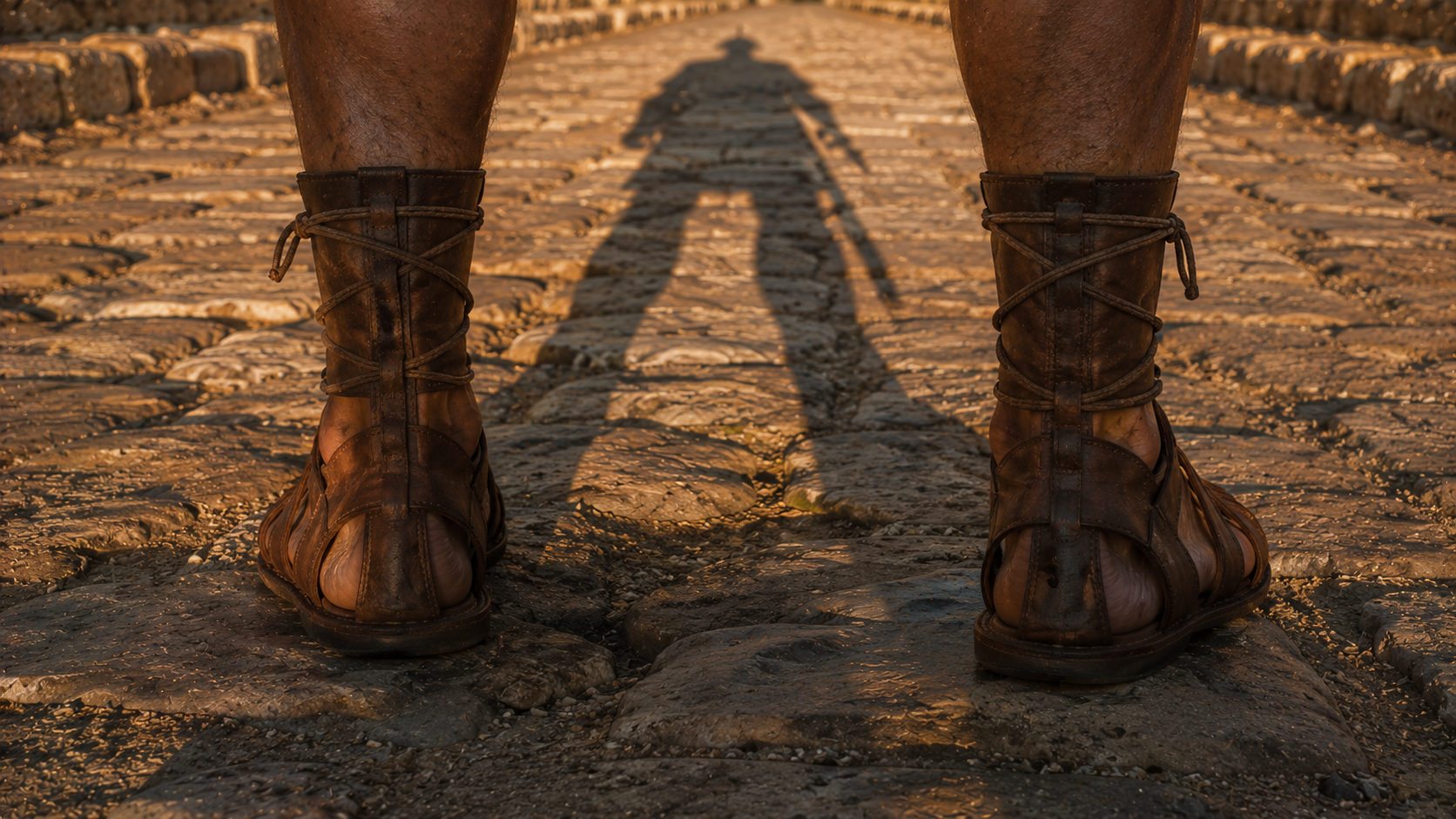 A figure clad in worn ancient armor standing alone at the threshold of a long stone gate at dawn, the figure seen from behind, no visible face, the breastplate and belt catching the first light, the long horizon beyond stretching toward an oncoming sky, evoking the believer standing firm in the armor of God
