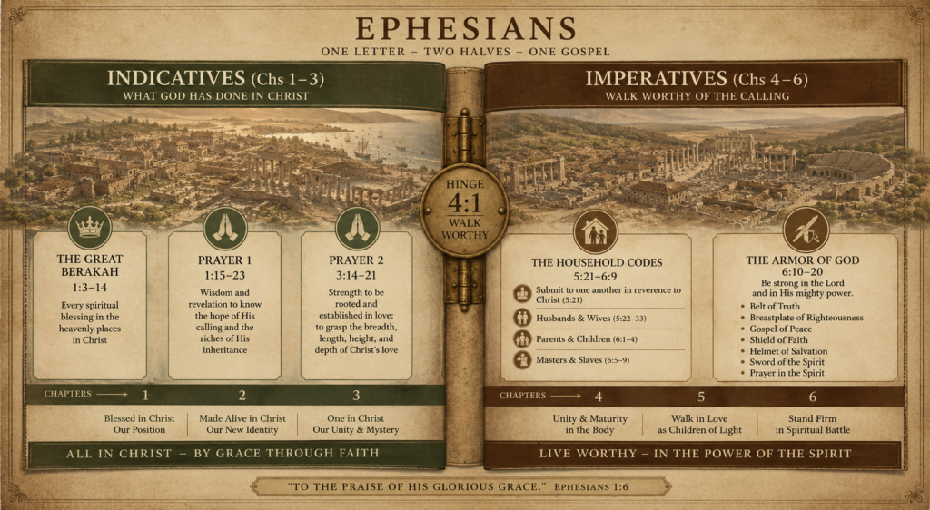 Structural diagram of Ephesians showing the indicative-imperative two-half structure with the 4:1 hinge, the berakah, the two prayers, the household codes, and the armor of God