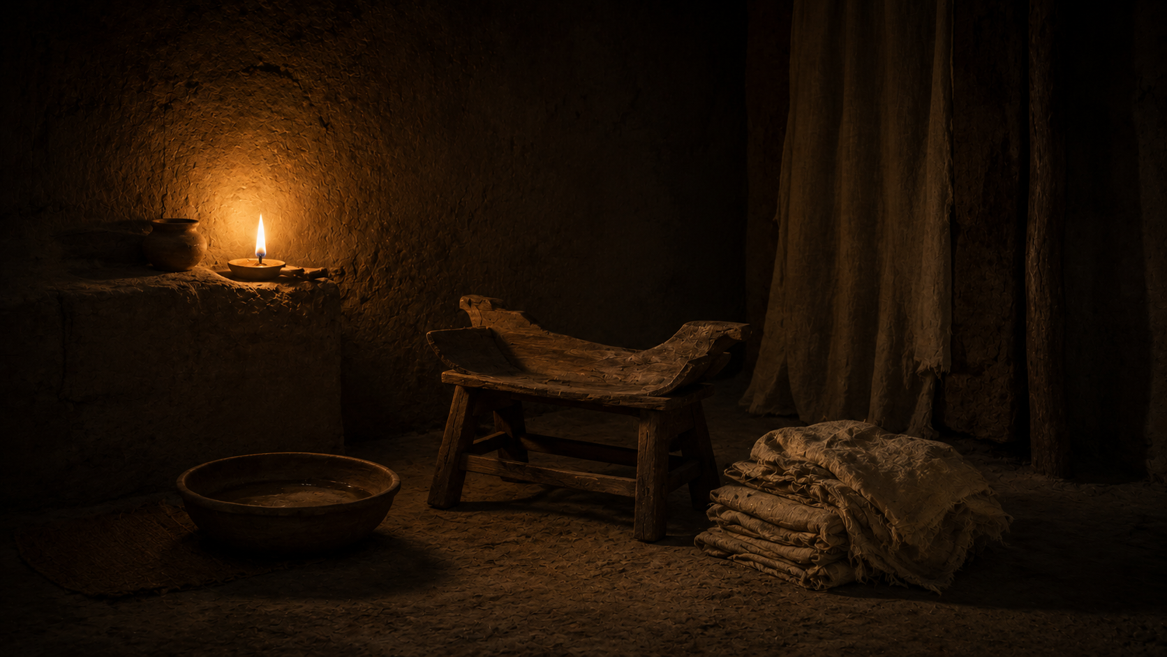 A wooden birthing stool in a lamplit mudbrick interior at night, evoking the moment Shiphrah and Puah refused Pharaoh's order to kill the Hebrew baby boys