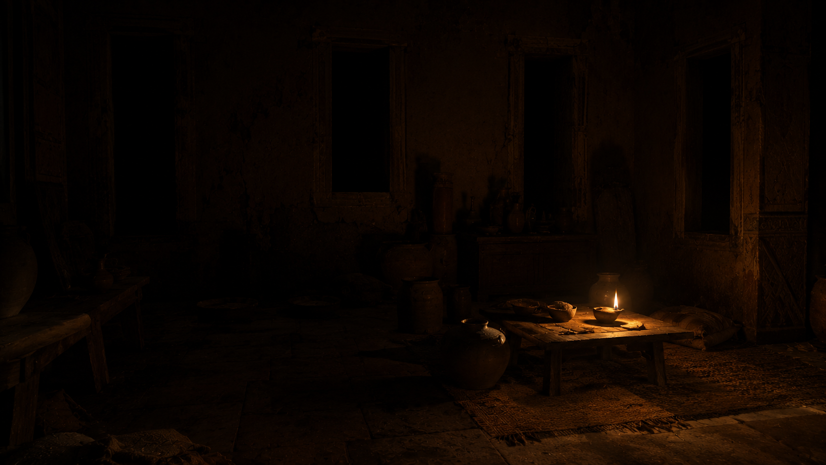 A single small oil lamp lighting an Egyptian household interior at midday with absolute black through the windows, evoking three days of darkness when Ra was silenced