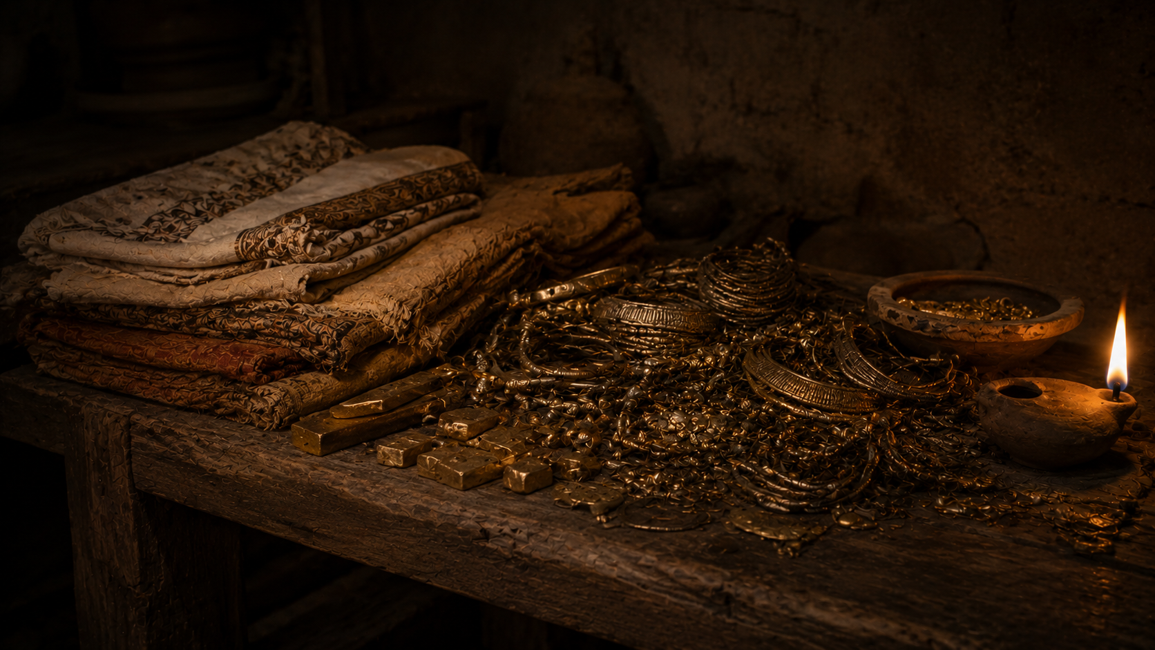 Piles of silver and gold ornaments and folded linen on a wooden table at twilight, evoking the wealth Egypt gave Israel on the eve of the exodus