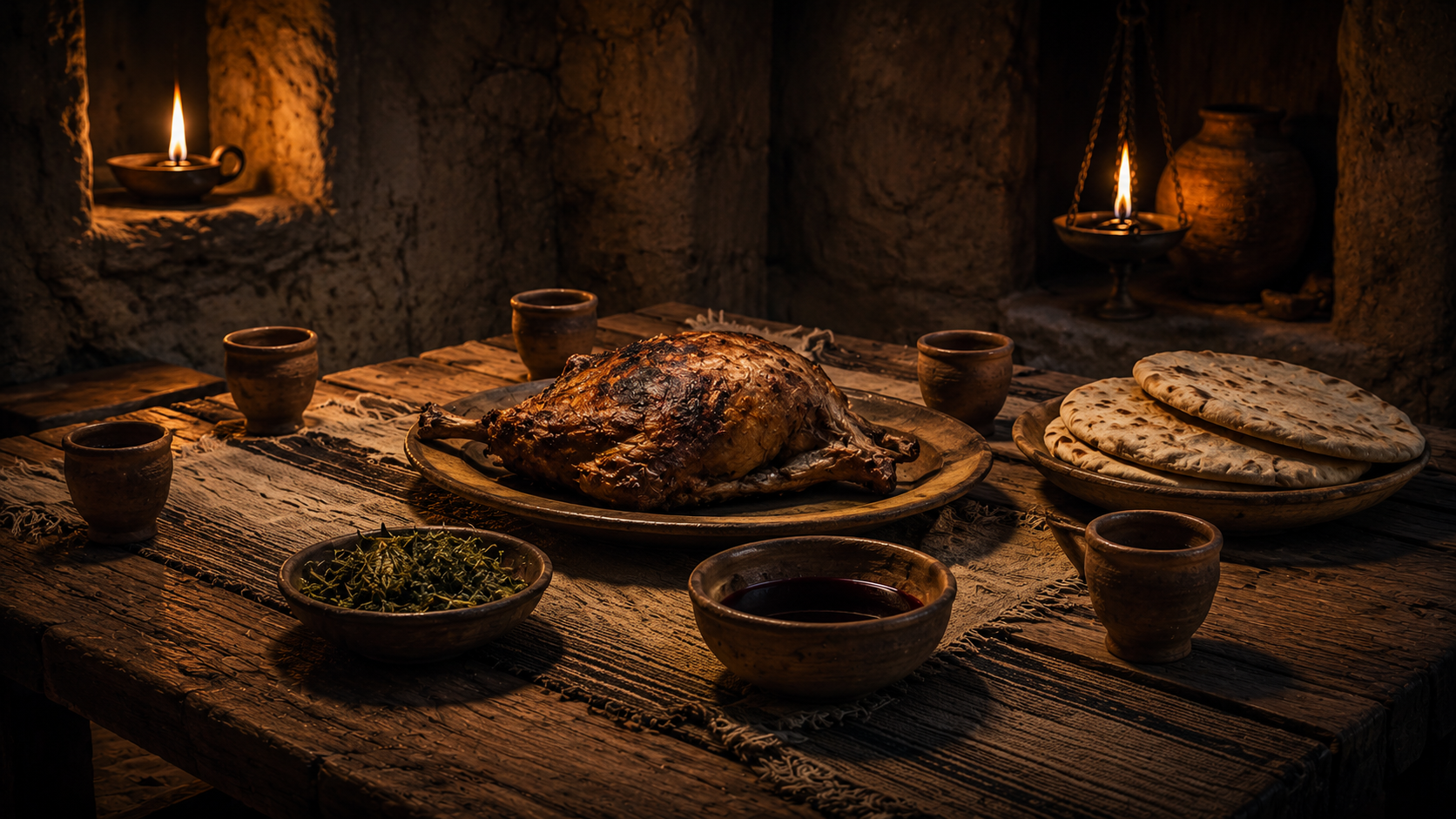 A low wooden table set for a Passover meal with roasted lamb, unleavened bread, bitter herbs, wine cups, and lamplight, evoking the institution of the seder in Exodus 12