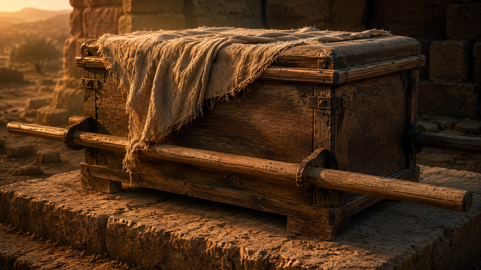 An ancient wooden chest with carrying-poles draped with linen on a stone plinth at first light, evoking Joseph's bones being carried up out of Egypt in Exodus 13