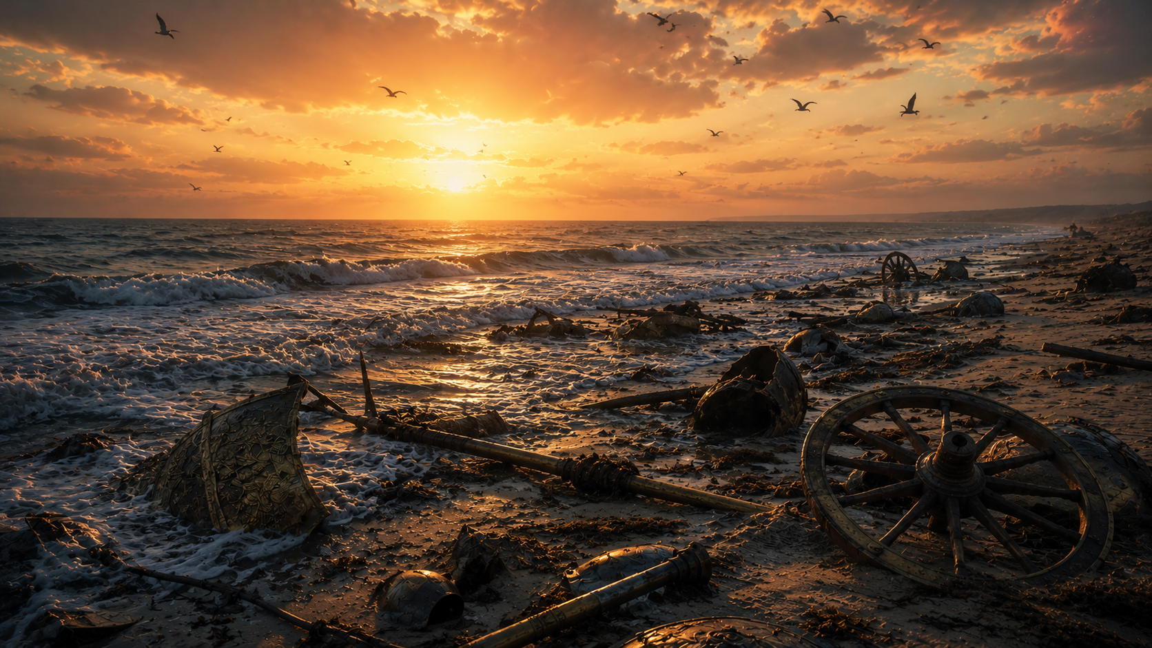 Broken Egyptian chariot wheels and shattered weapons on a sandy shore at sunrise with foaming surf and the receding sea, evoking the destruction of Pharaoh's army in Exodus 14