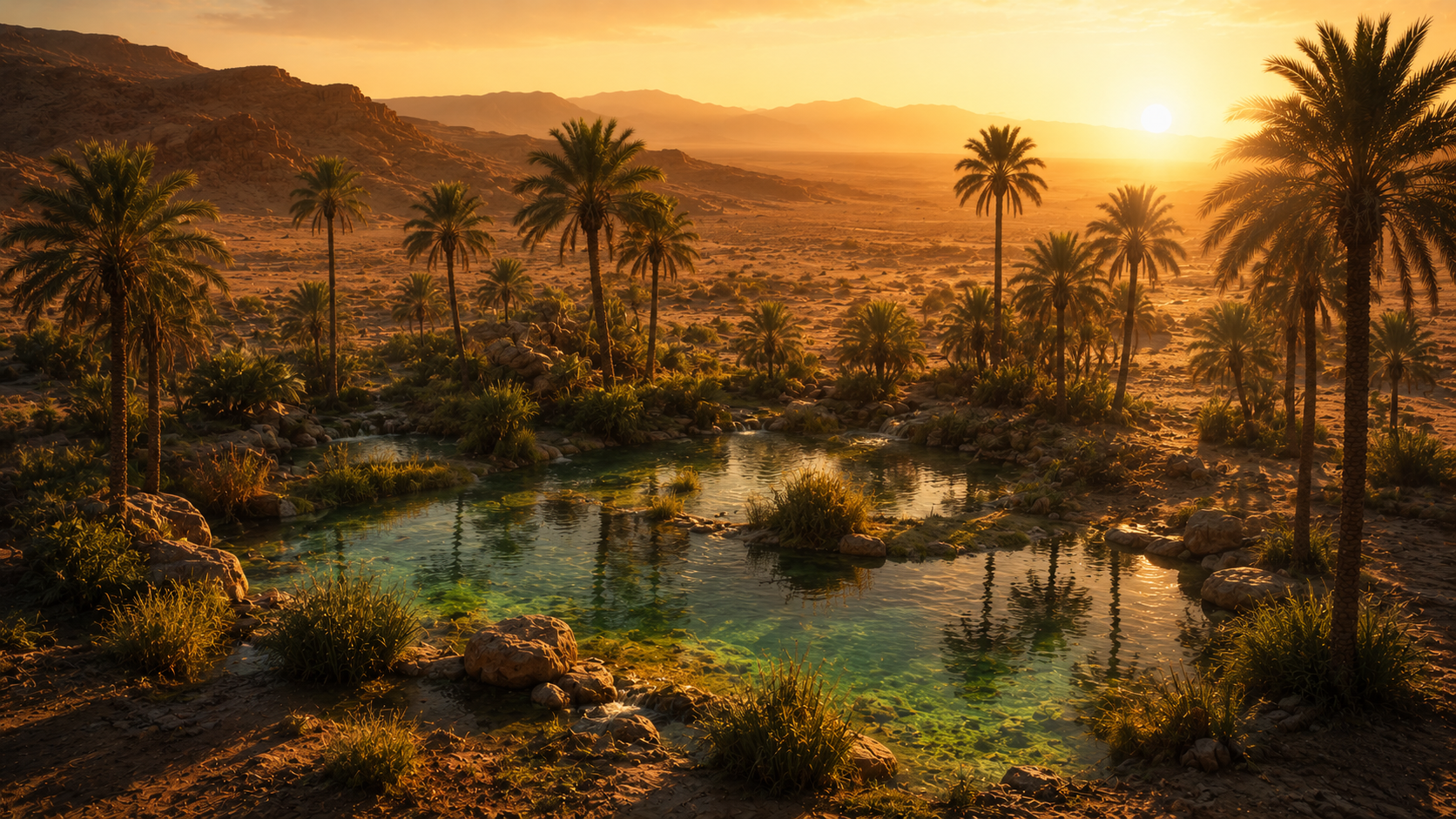 A desert oasis at golden hour with springs ringed by palm trees and the wilderness stretching away beyond, evoking the encampment at Elim in Exodus 15