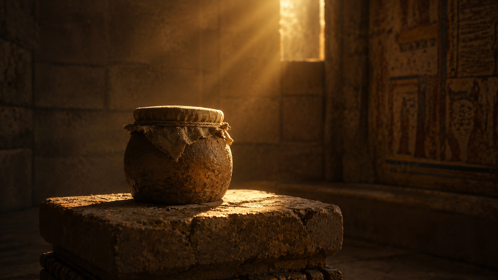 A small clay jar covered with a fitted cloth on a stone plinth in a dim sanctuary chamber with a shaft of light, evoking the jar of manna laid up before YHWH in Exodus 16