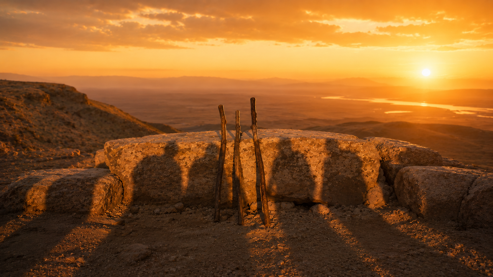 Three weathered wooden walking-staves leaning together on a stone outcrop at sunset with long shadows of a small gathering, evoking Aaron and Hur holding up Moses's arms in Exodus 17