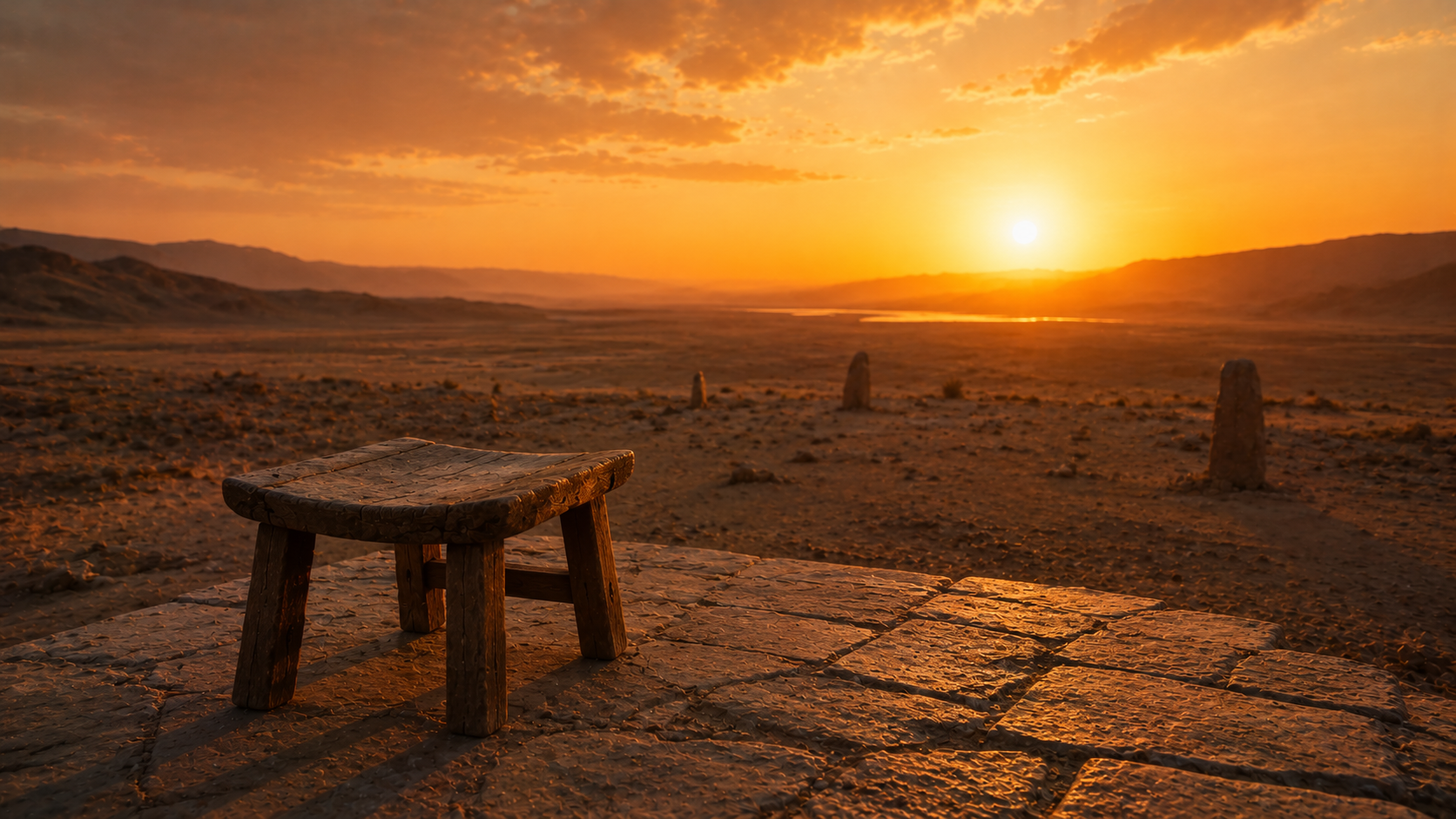 A single low wooden stool on a worn stone platform under an open desert sky at sunset with empty space stretching to the horizon, evoking Moses sitting alone to judge in Exodus 18