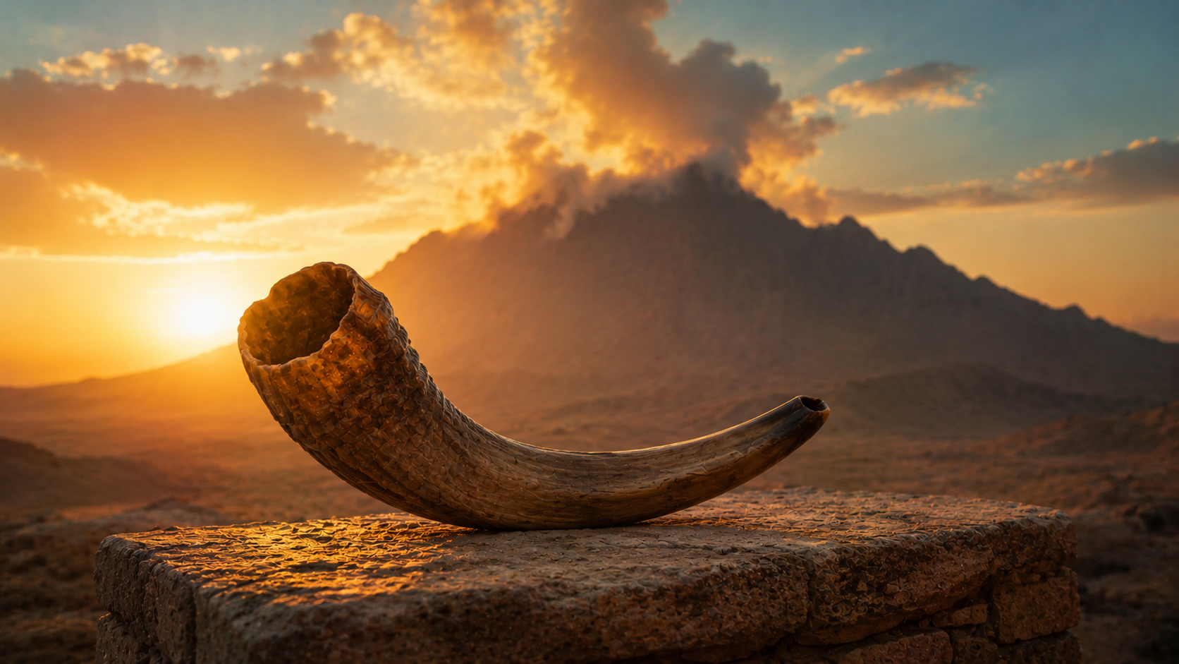 A ram's-horn shofar trumpet on a stone ledge at dawn with a smoking mountain behind it, evoking the trumpet blast announcing the Sinai theophany in Exodus 19