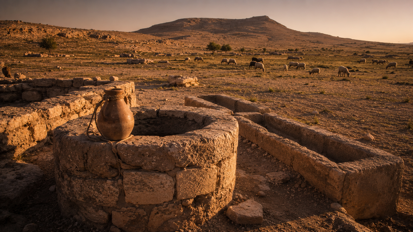 An ancient stone well with troughs and jars at golden hour in the desert, evoking the Midianite well where Moses met Zipporah