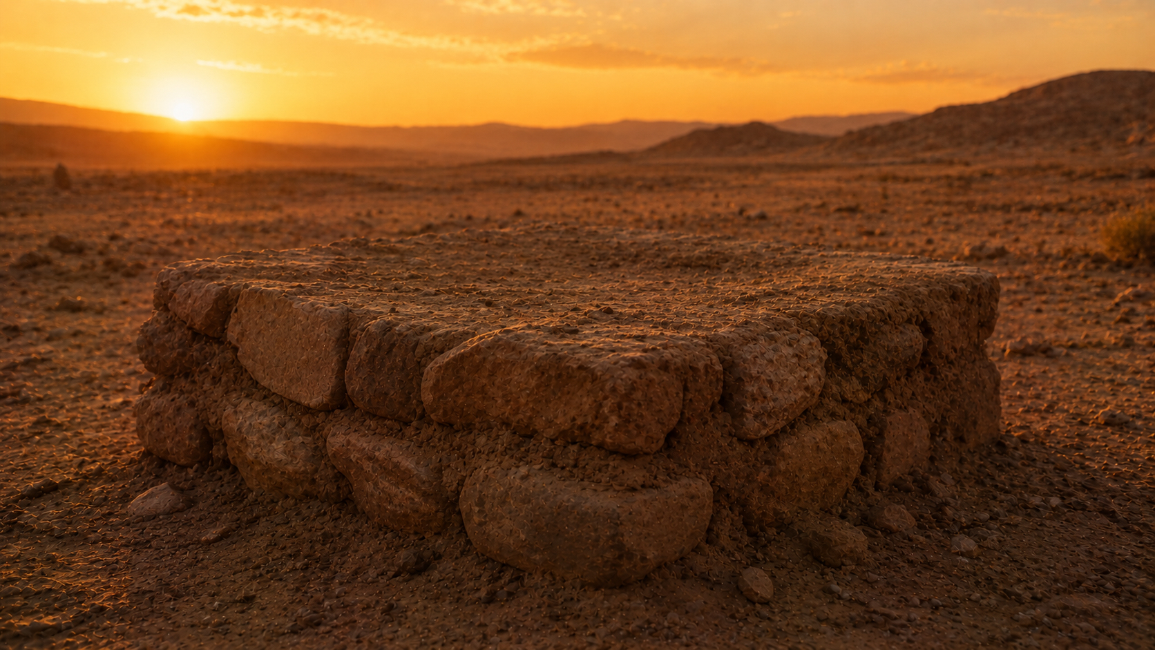 A simple low altar built from packed earth and uncut field-stones on dusty wilderness floor at golden hour, evoking the altar of earth in Exodus 20