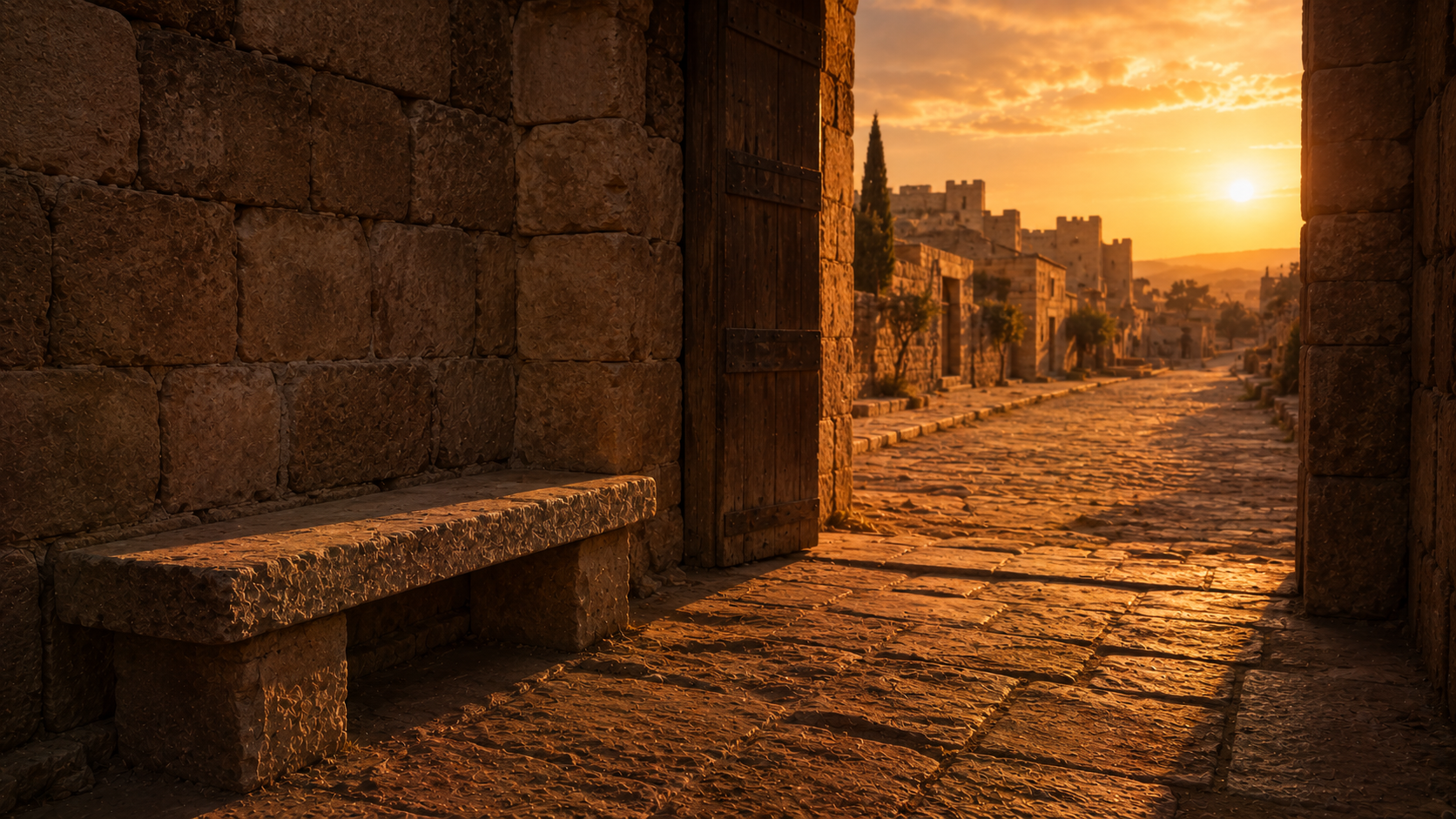 An empty stone bench at the inside of an ancient city gate at golden hour with worn flagstones, evoking the judicial setting of the *mishpatim* in Exodus 21