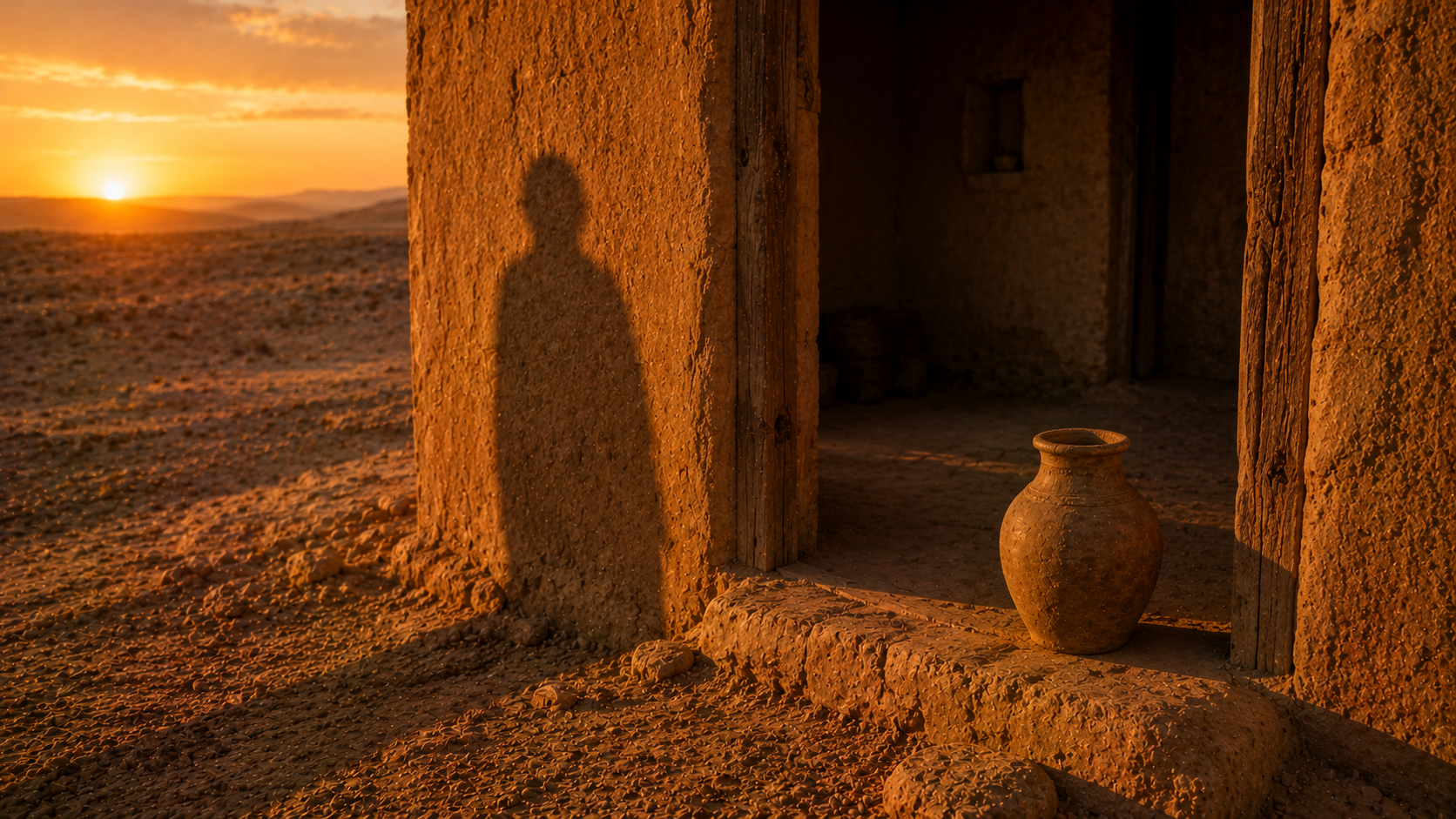 A simple mudbrick doorway opening onto an empty interior at golden hour with an empty water-jar on the threshold, evoking the protection of the widow and orphan in Exodus 22