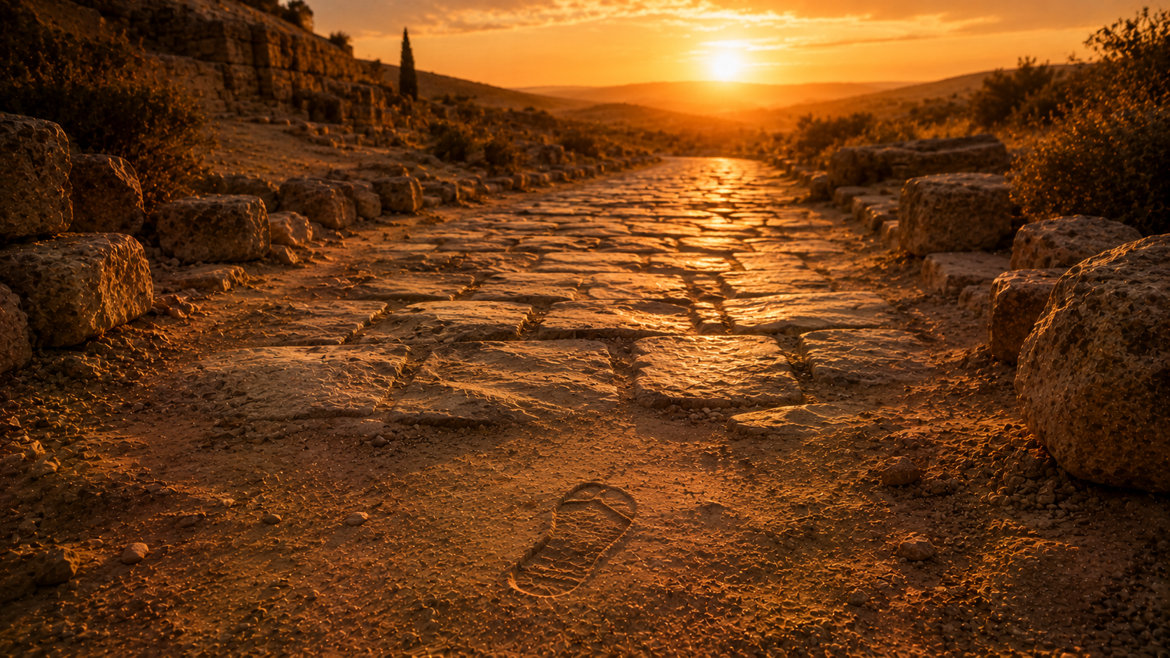 An ancient stone-paved road stretching away into golden distance at sunset with a single faint footprint in the dust, evoking the angel sent ahead of Israel in Exodus 23