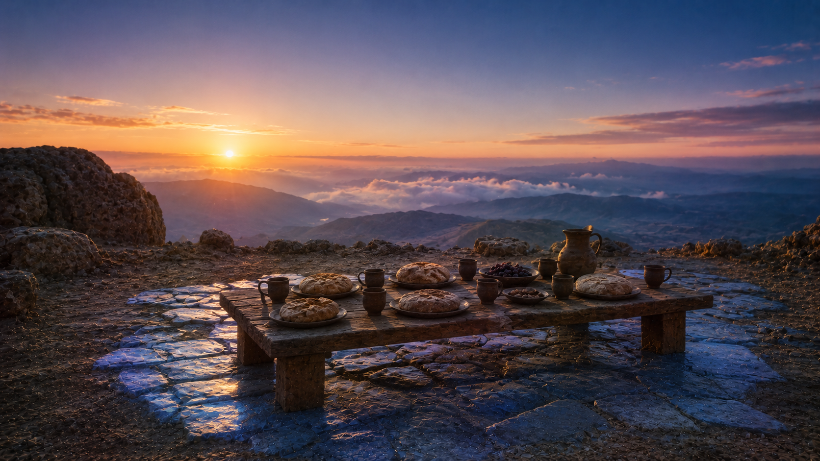 A low wooden table set with bread and cups on a high mountain plateau at dawn with a sapphire-blue translucent stone surface visible beneath, evoking the meal of the seventy elders in Exodus 24