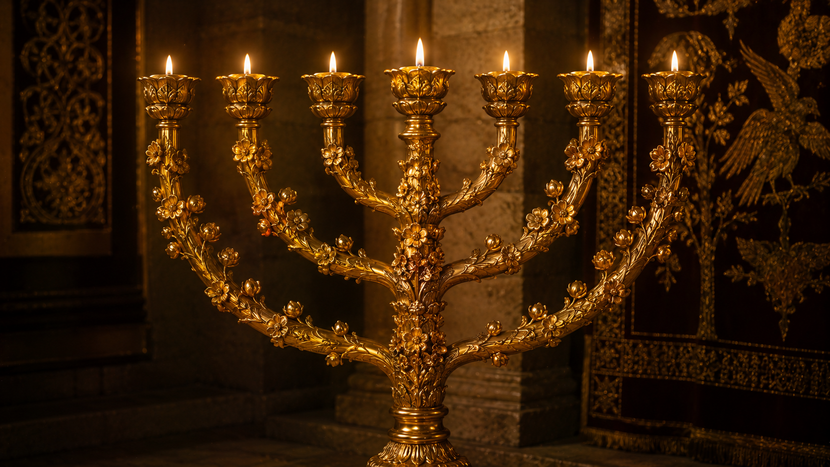 An ornate seven-branched golden lampstand with almond-blossom cups, lit lamps, and warm light against a dim sanctuary interior, evoking the menorah as a tree of life in Exodus 25
