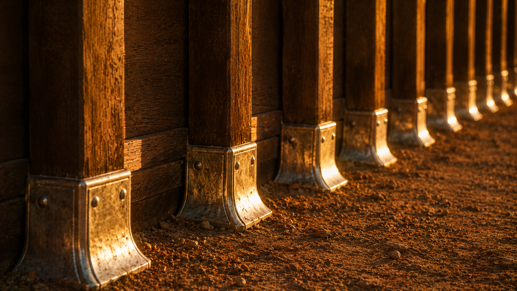 A row of silver socket-bases at the base of upright acacia wood frames at golden hour, evoking the tabernacle's silver foundation from atonement money in Exodus 26