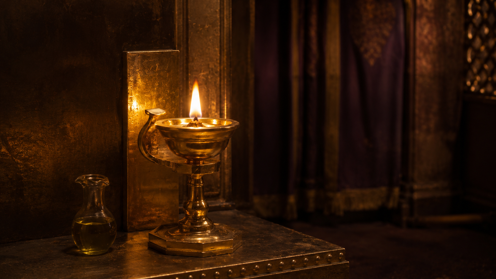 A small golden lamp burning steadily with pure olive oil at evening inside a dim sanctuary interior, evoking the continual *tamid* lamp of Exodus 27:20