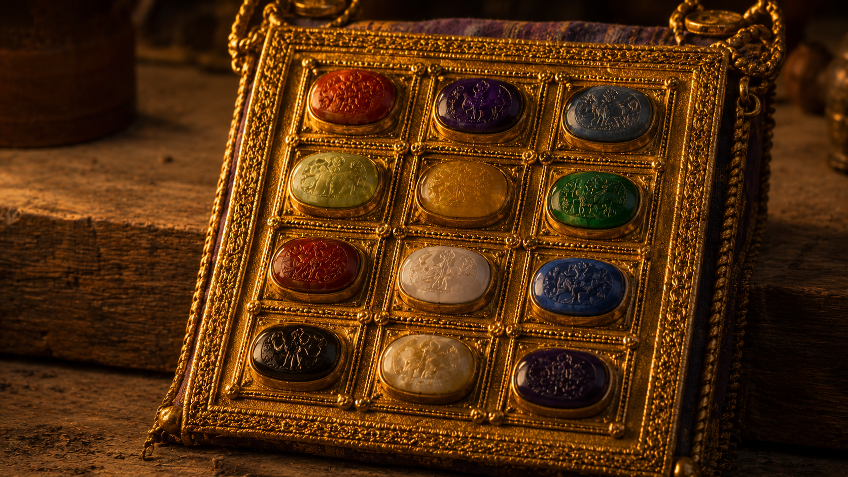A folded golden breastpiece set with twelve engraved gemstones in four rows on a workbench at golden hour, evoking the breastpiece of judgment in Exodus 28