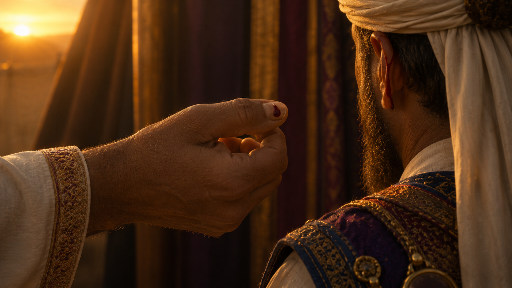 Three priests at the door of the tent of meeting, with a single hand of one priest being marked with blood on the right ear and right thumb at dawn, evoking the ordination ritual of Exodus 29:20