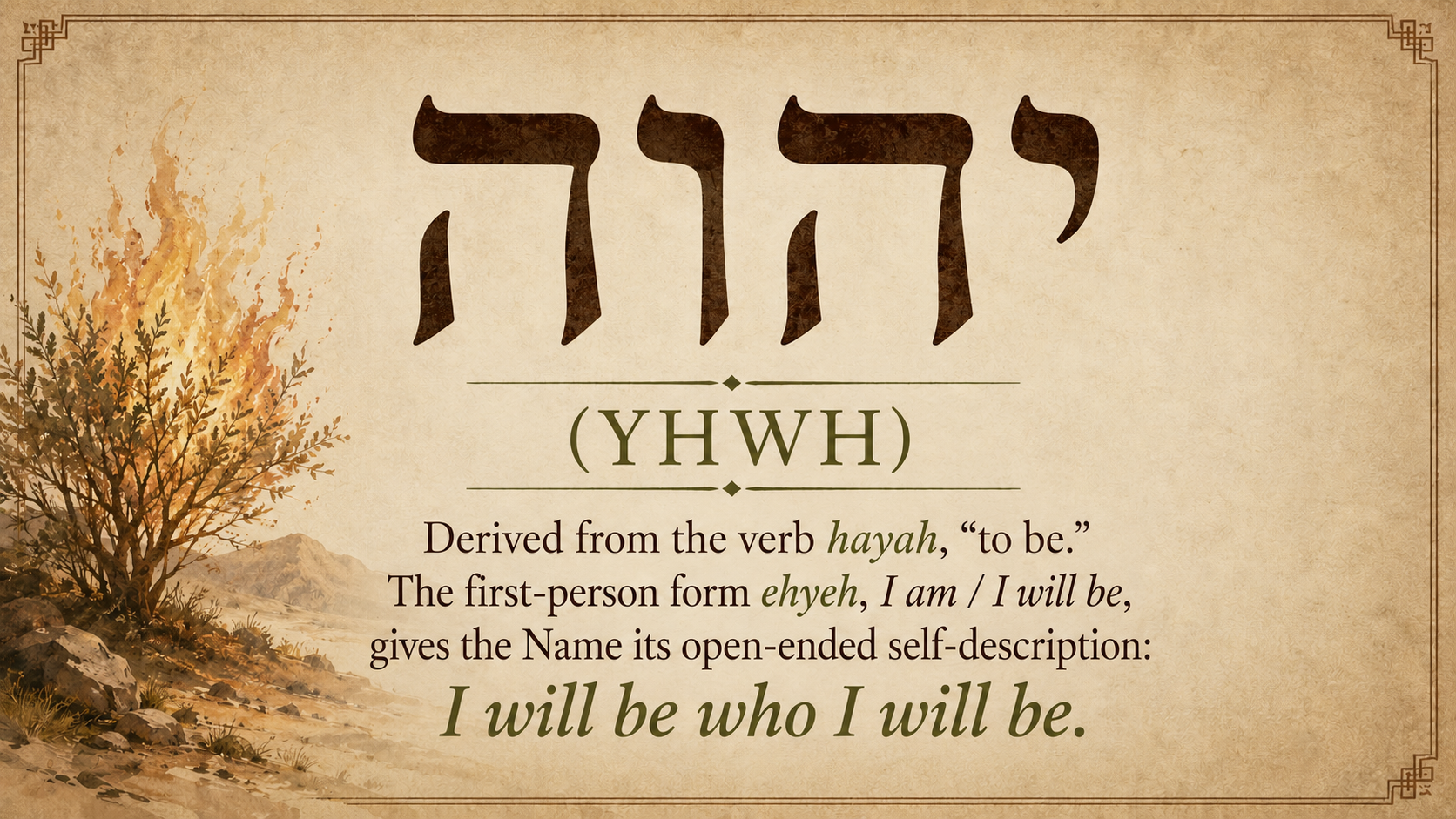 Hebrew word study card showing the four consonants of the divine name YHWH, with the verbal root *hayah* and the gloss "I will be who I will be"