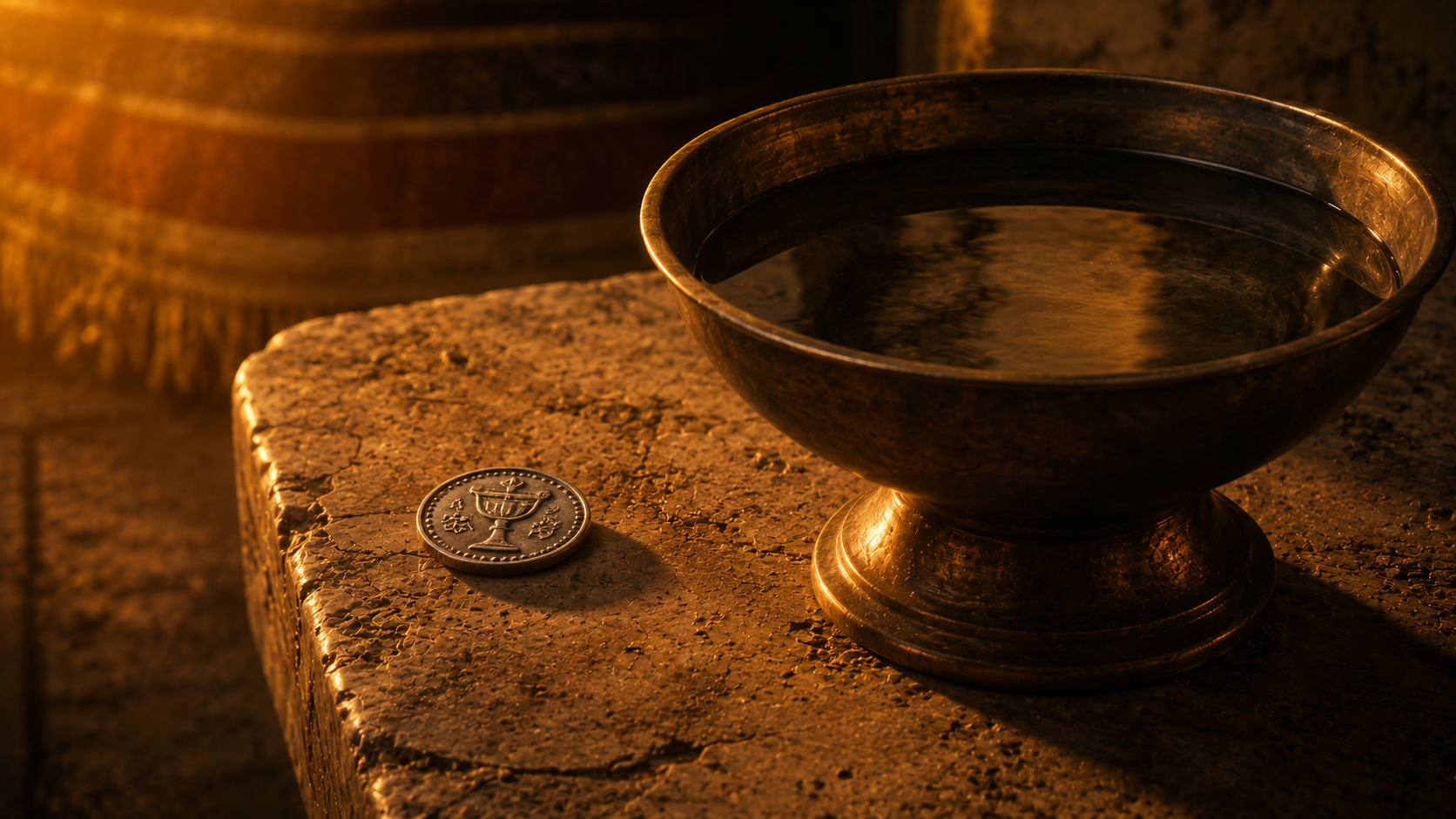 A single half-shekel silver coin resting on a stone counting-table at golden hour, with a deep stone basin of clear water and bronze foot beside it, evoking the atonement money and the priestly washing of Exodus 30:13 and 30:18