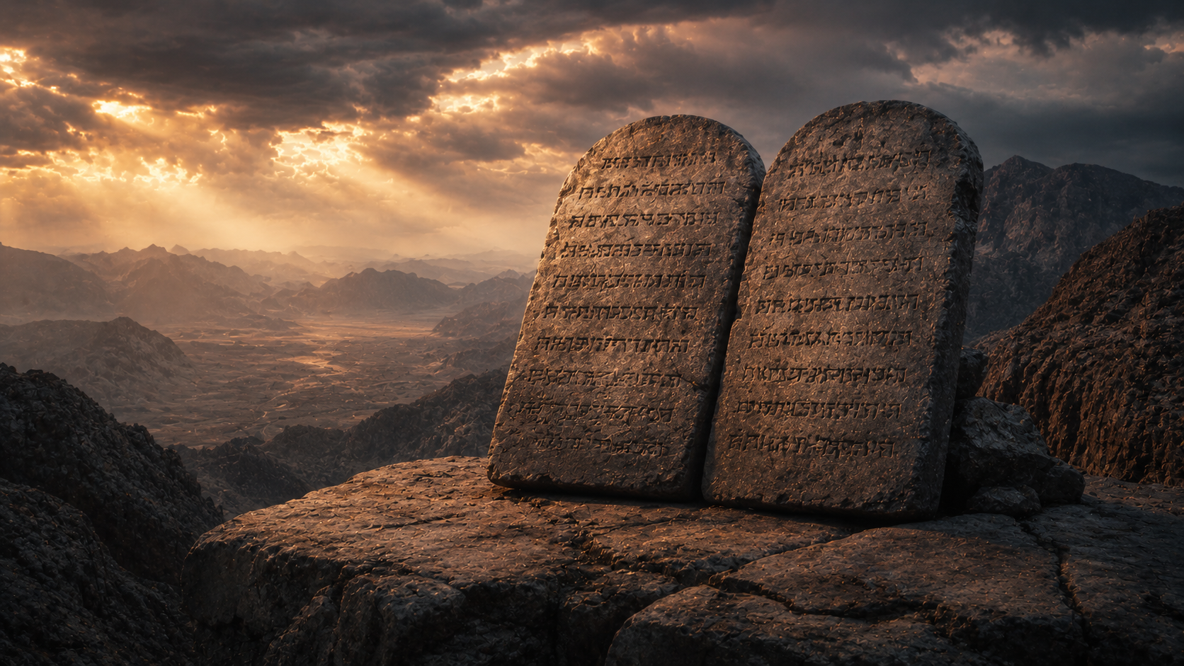 Two stone tablets resting on a high ledge of Sinai under cloud-light, evoking the tablets of the testimony written by the finger of God in Exodus 31:18