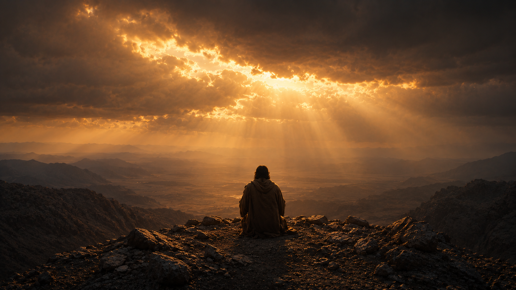 A high lonely ridge of Sinai under cloud-light with one figure kneeling between sky and valley below, evoking Moses's intercession in Exodus 32:11-14