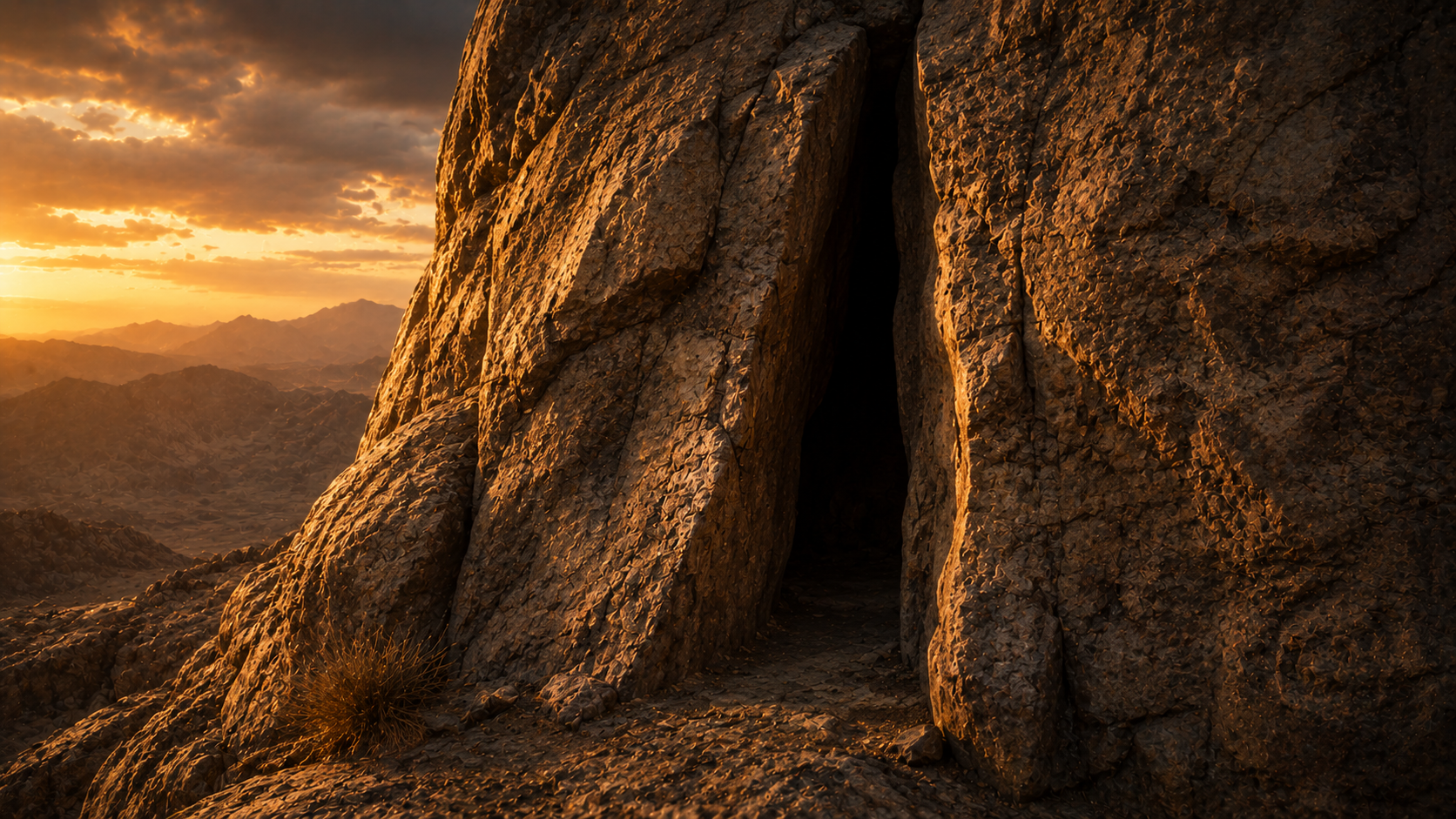 A deep fissure in a weathered rock face on the side of a mountain at golden hour, just large enough to shelter a person, evoking the cleft of the rock in Exodus 33:22