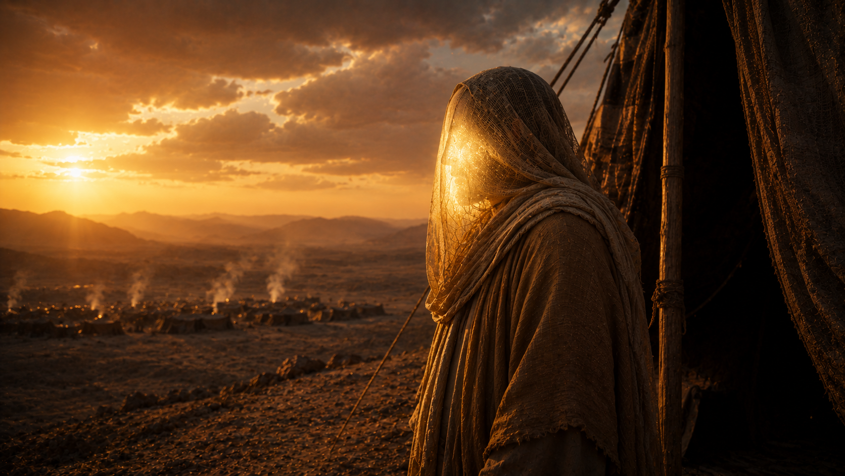 A mediator figure standing at the door of a tent at golden hour with a fine woven veil over his shining face, evoking Moses veiling his face in Exodus 34:33