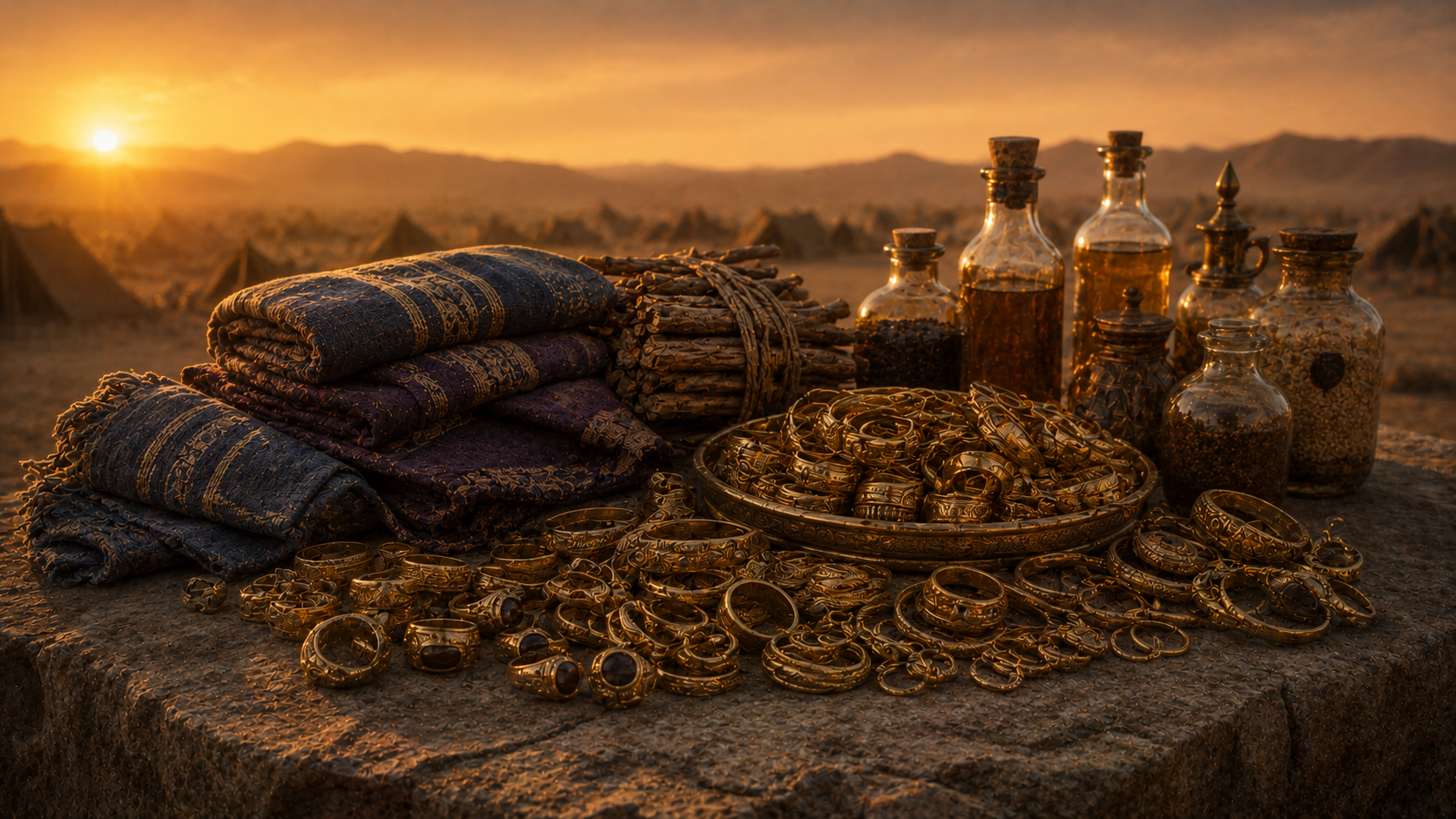 A long stone offering-table at dawn covered with gold rings, earrings, woven blue and purple cloth, a stack of acacia wood, and several jars of oil, evoking the freewill offering of Exodus 35