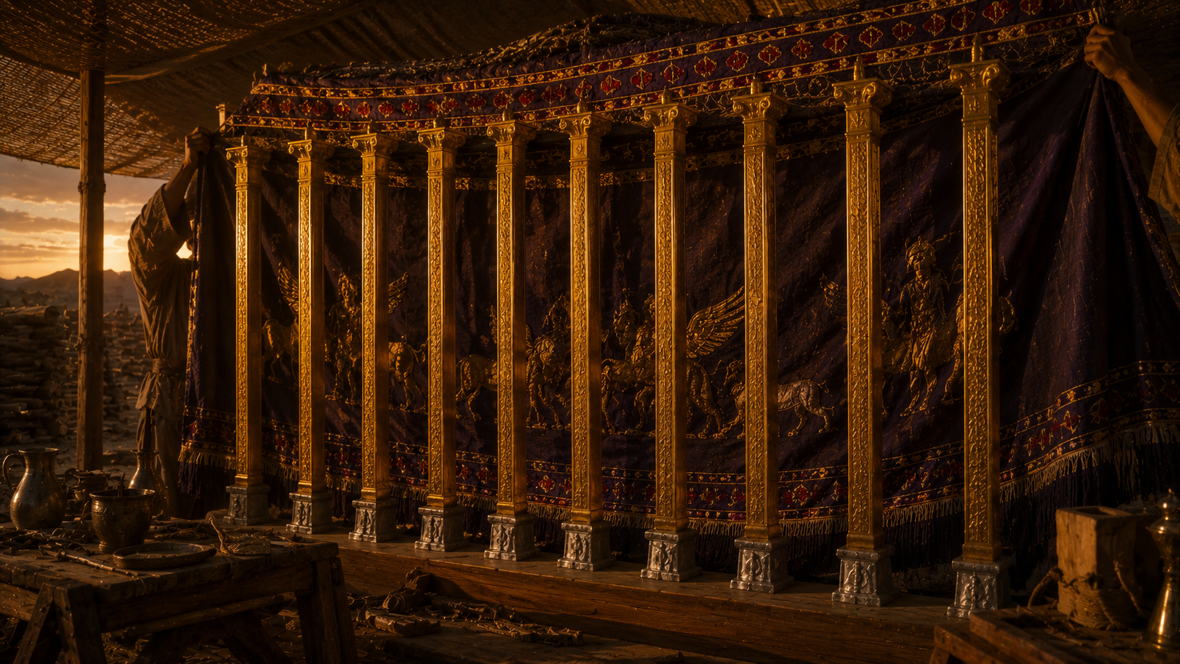 A row of upright acacia wood frames overlaid with gold standing on silver sockets in a dim workshop at dusk with the parochet veil being lifted into place behind them, evoking the structure of the tabernacle in Exodus 36