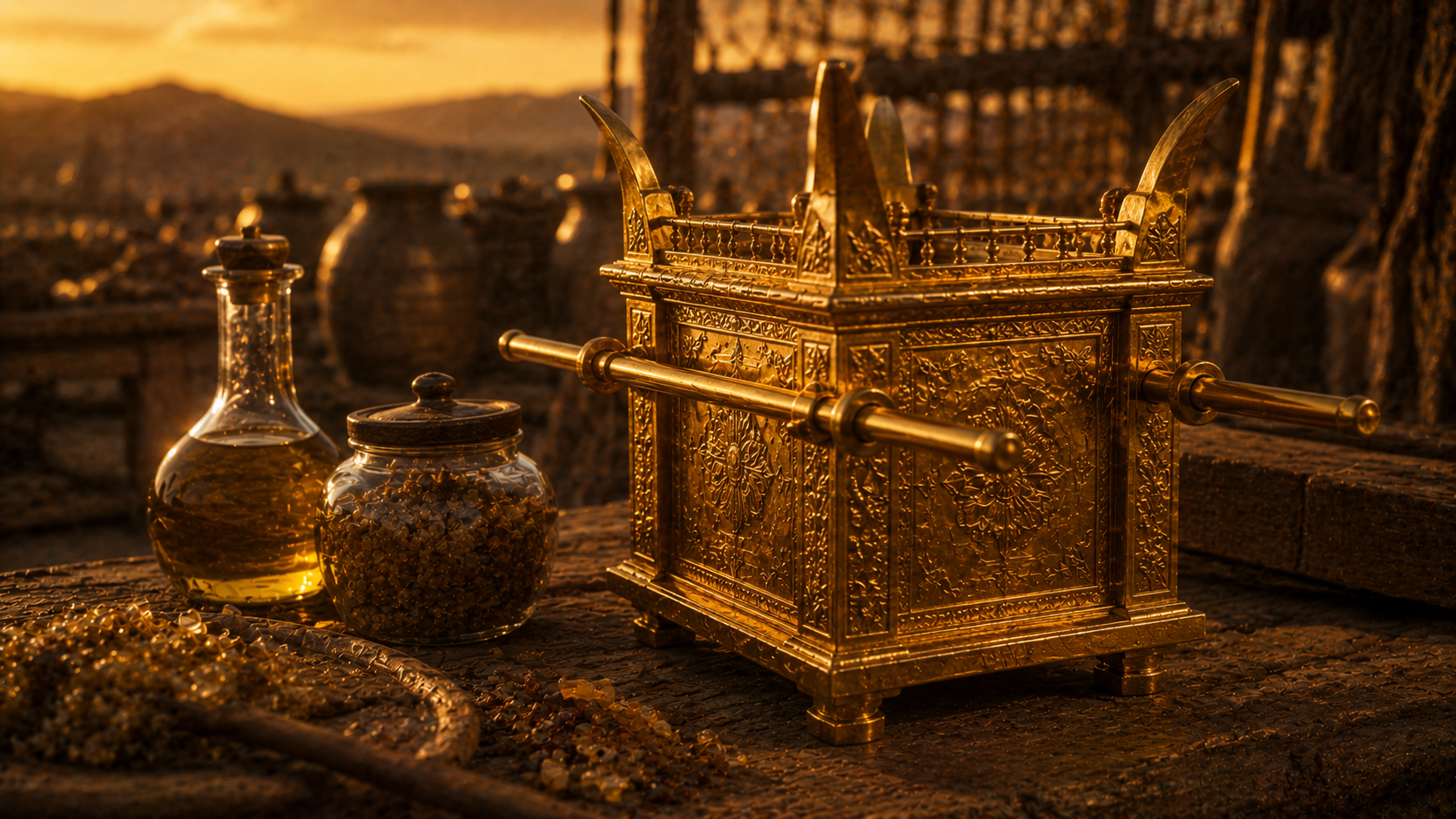 A small square gold-overlaid altar of incense with four horns, set beside a flat workbench at golden hour with a small bottle of olive oil and a stoppered glass jar of mixed spices nearby, evoking the inner sanctuary furniture of Exodus 37