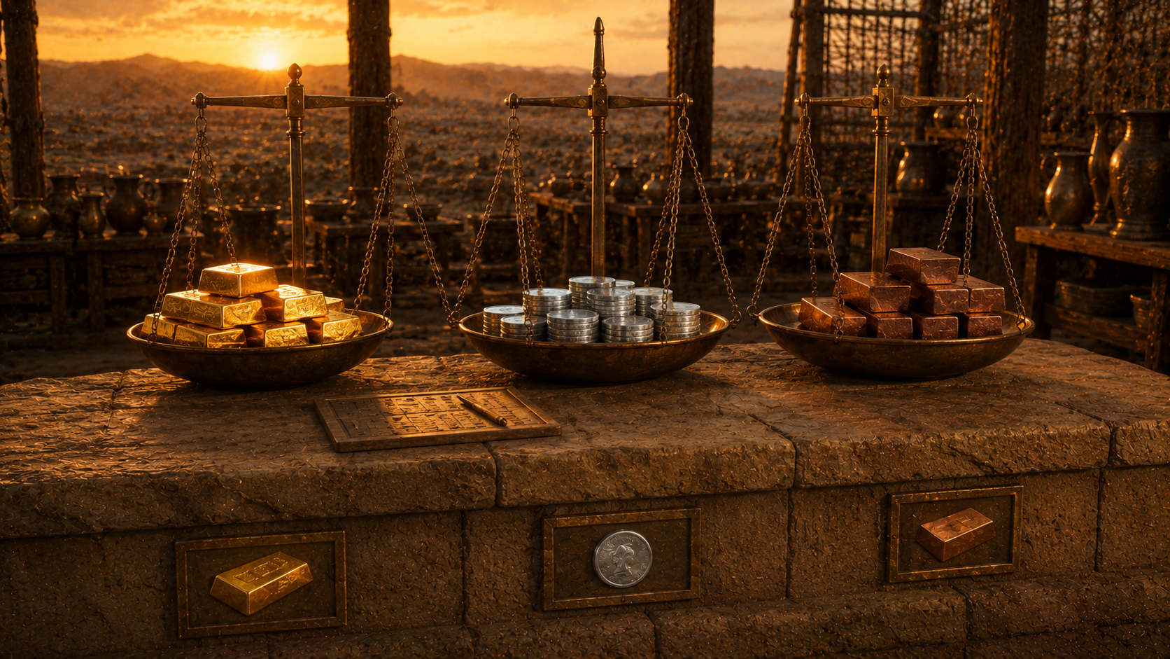 A long stone counting-table at golden hour with three labeled bronze weighing-pans, one stacked with talents of gold, one with stacks of silver, and one with bronze ingots, evoking the inventory of Exodus 38:21-31