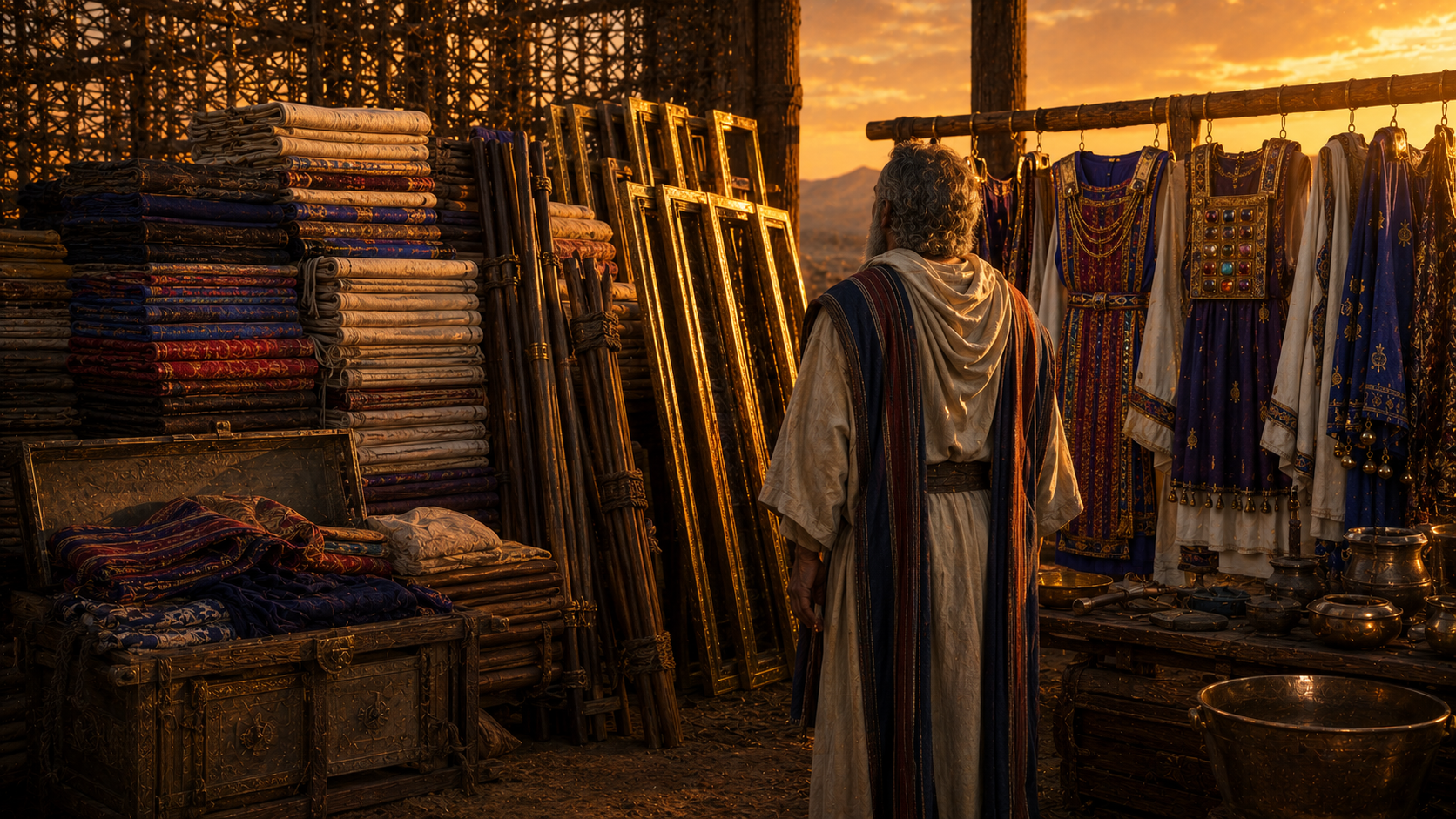 A tall stack of folded curtains, bundled poles, gold-overlaid frames leaning together, and finished priestly garments arranged before a single figure in the foreground at golden hour, evoking the moment Moses inspects the finished work in Exodus 39:43