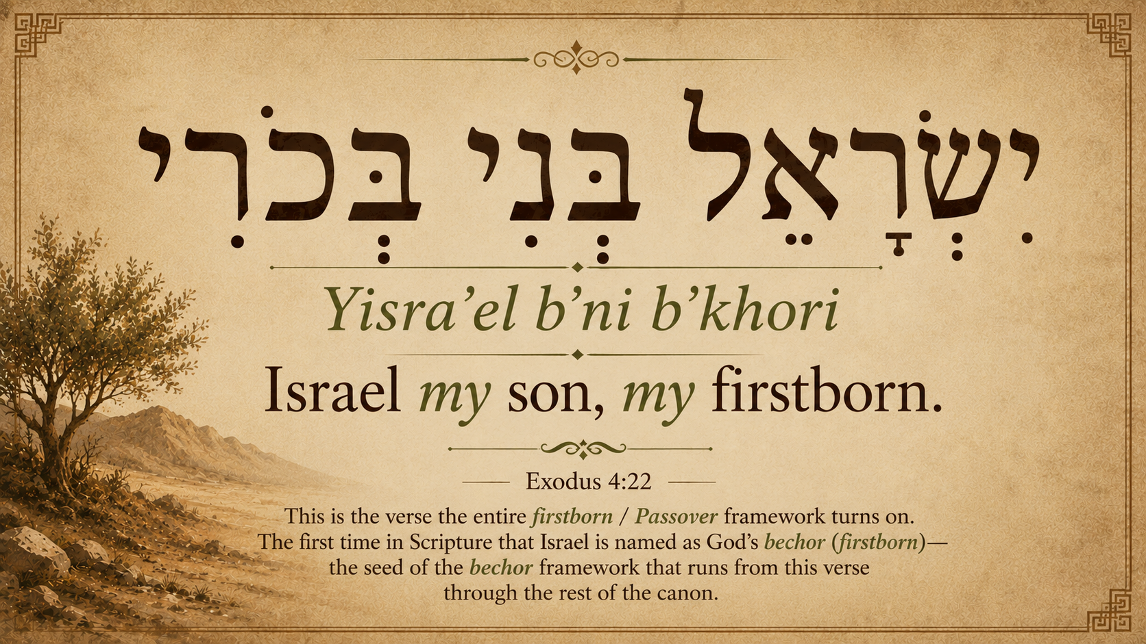 Hebrew word study card showing the phrase Yisra'el b'ni b'khori, "Israel is my son, my firstborn", from Exodus 4:22