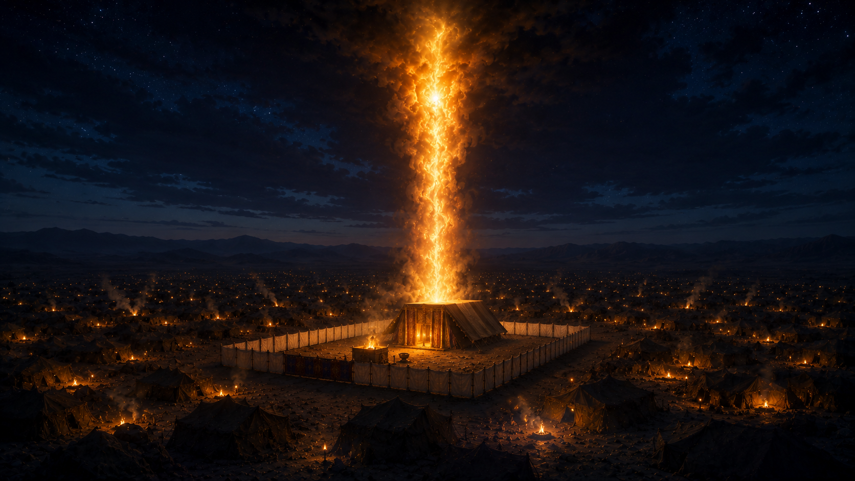 A finished tabernacle in the foreground of an encampment at dusk, a single luminous cloud descending from the sky to cover the tent and warm light glowing from within, evoking the moment the glory of YHWH filled the tabernacle in Exodus 40:34