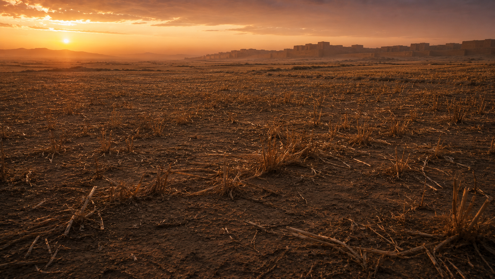 Empty harvested grain fields with sparse stubble at sunset, evoking the impossible search for straw the Hebrew slaves were sent to scavenge