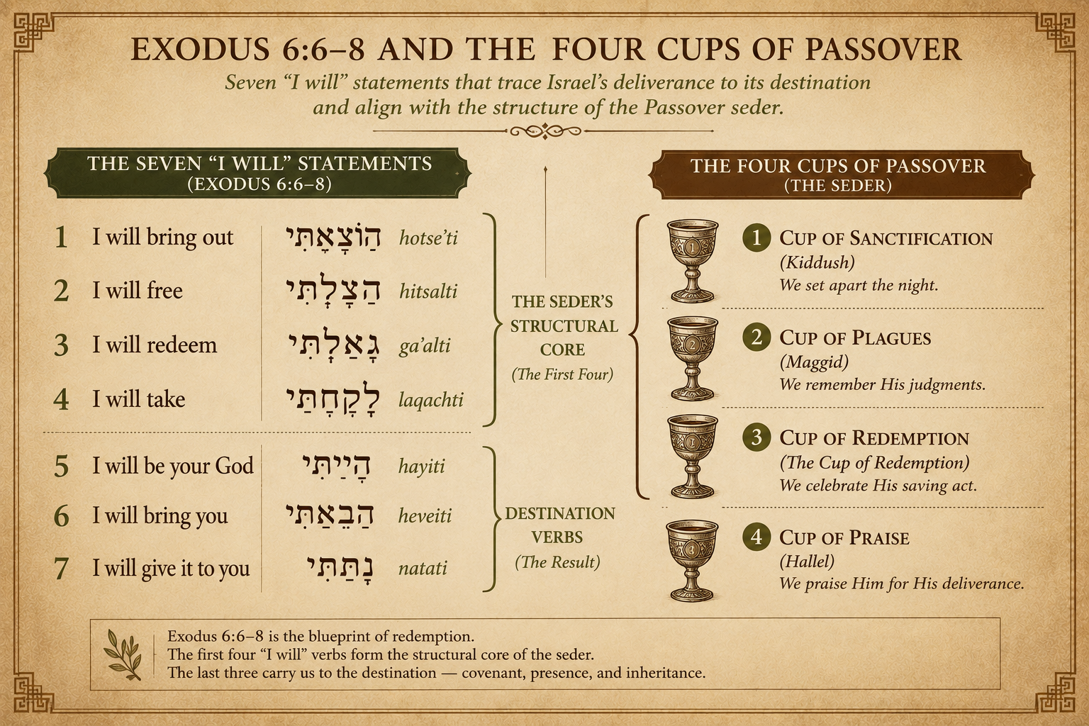 Diagram pairing the seven I-will statements of Exodus 6:6-8 with the four cups of the Passover seder