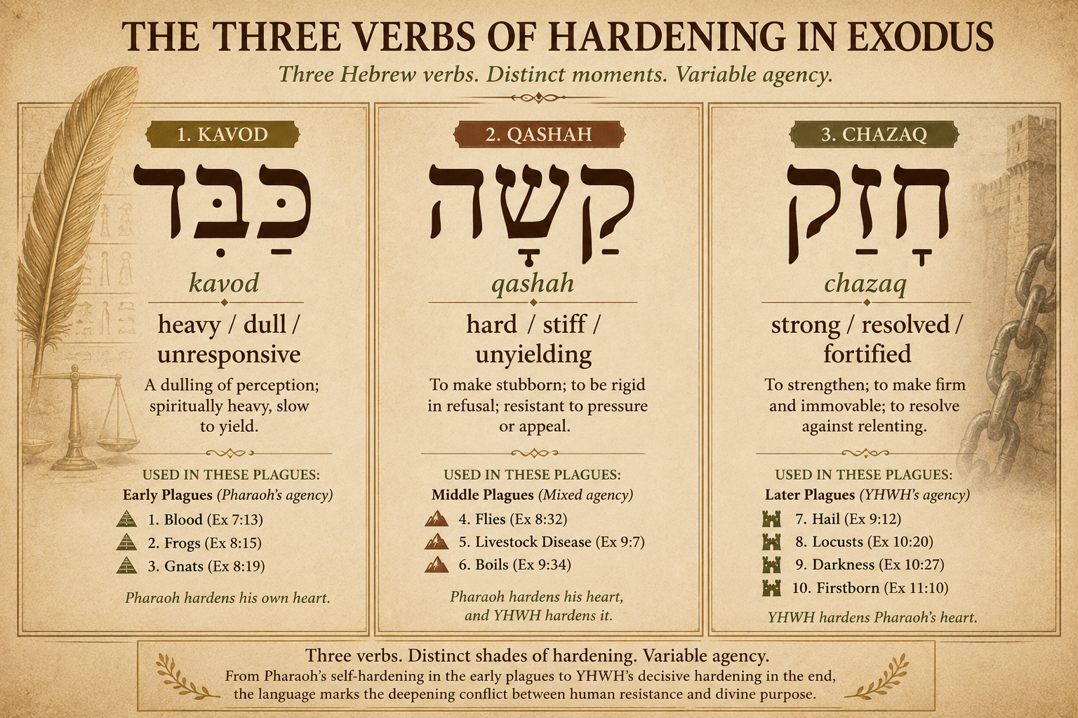 Hebrew word study card showing the three Hebrew verbs for the hardening of Pharaoh's heart: *kavod* (heavy), *qashah* (hard), and *chazaq* (strong)