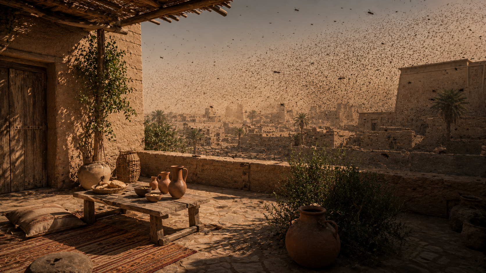 A peaceful Hebrew courtyard in clear air contrasted with distant Egyptian houses obscured by swarming flies, evoking the fourth plague's selective sparing of Goshen