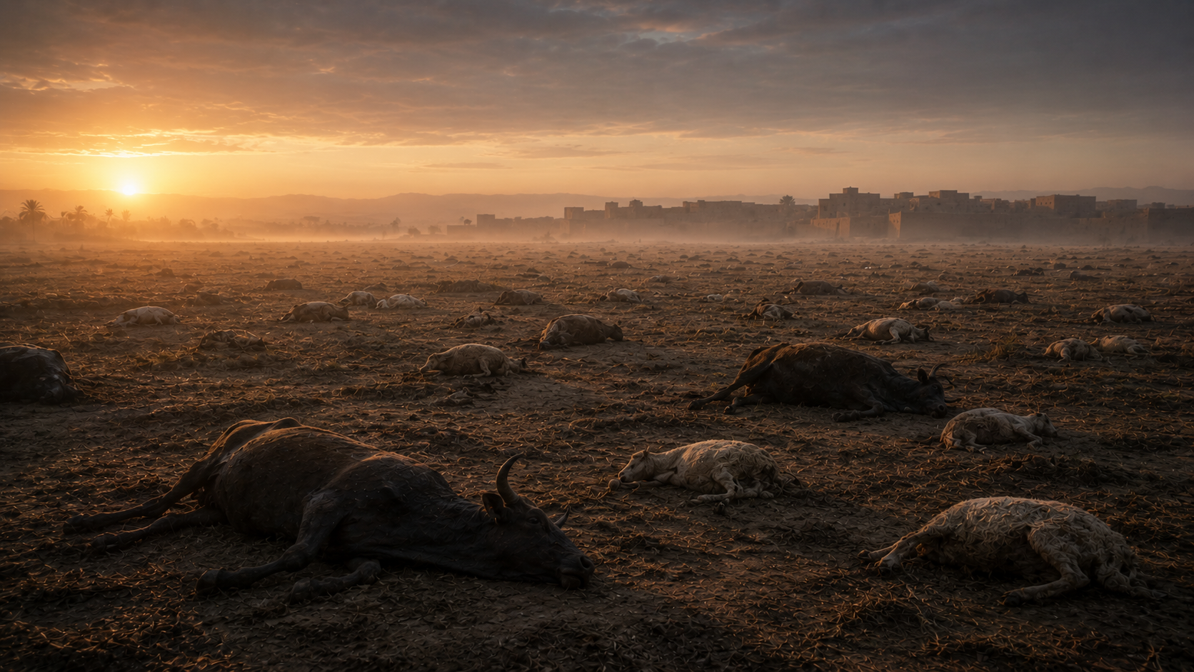 Egyptian livestock fallen across a misty field at dawn, evoking the fifth plague's striking of the cattle, donkeys, camels, and flocks of Egypt