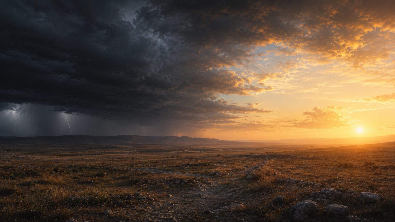 A wide plain under a sky split between dark storm on one side and breaking dawn on the other, evoking rescue from the present evil age into new creation in Galatians 1:4