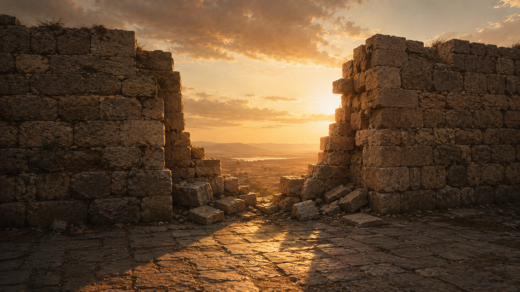 A half-dismantled ancient stone wall with a gap broken through it in warm light, evoking the dividing wall between Jew and gentile that Christ tore down and Peter was rebuilding at the Antioch table