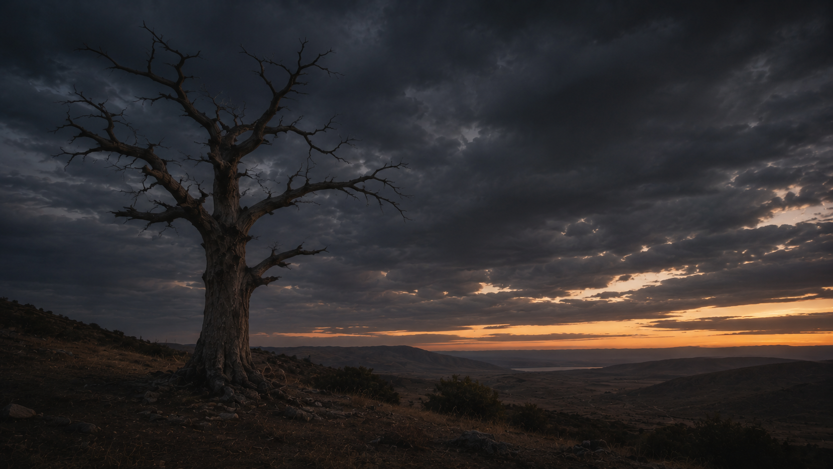 A single bare weathered tree alone on a darkening hillside at dusk under heavy clouds, evoking the curse of the law borne on a tree in Galatians 3:13
