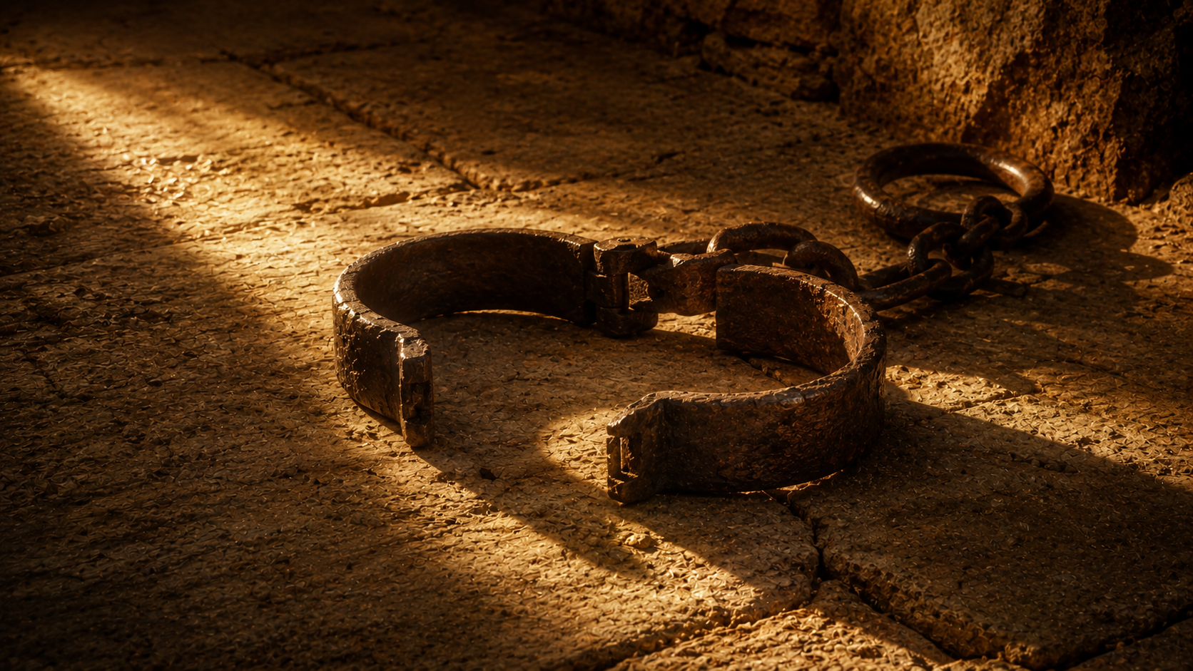 An open, empty iron shackle lying on stone ground in warm light, evoking the move from slave to adopted son and heir in Galatians 4:7